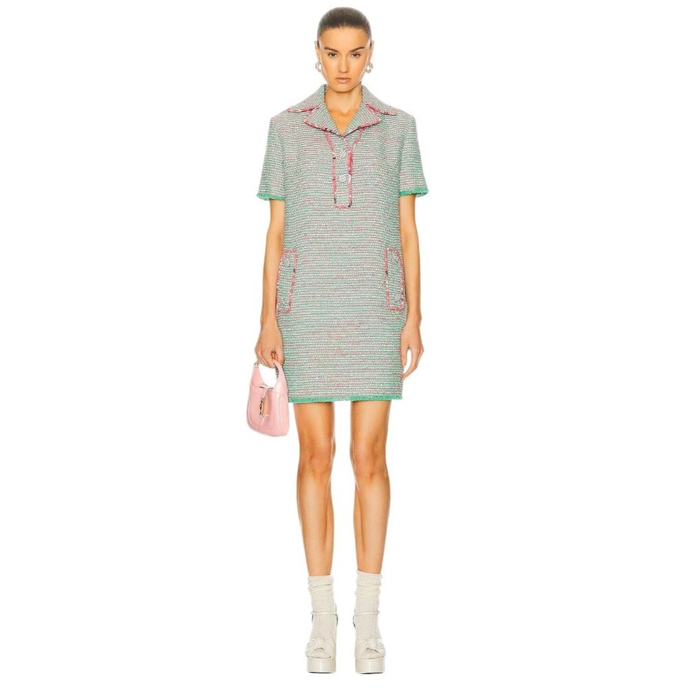 Etro Collared Shirt Dress in Green Pink 38 New Womens Tweed Boucle Mini